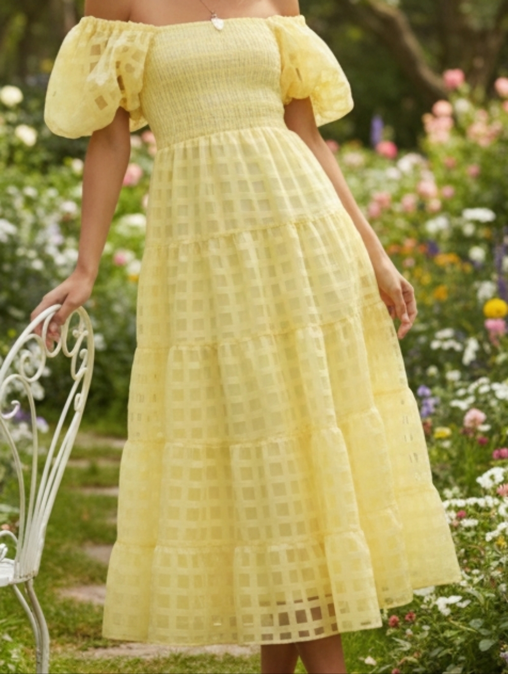 Off Shoulder Short Puff Sleeve Elastic Smocked Bodice Tiered A-line Midi Dress - Picture 10 of 14